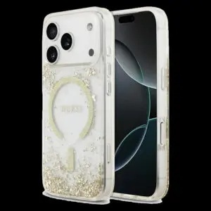 GUESS Schutzhülle für iPhone 17 Pro mit MagSafe - Resin Bottom Glitter Gold