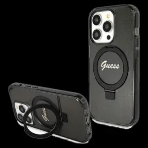 GUESS iPhone 15 Pro Max Schutzhülle – Glitter Script Logo & Ringstand – Schwarz