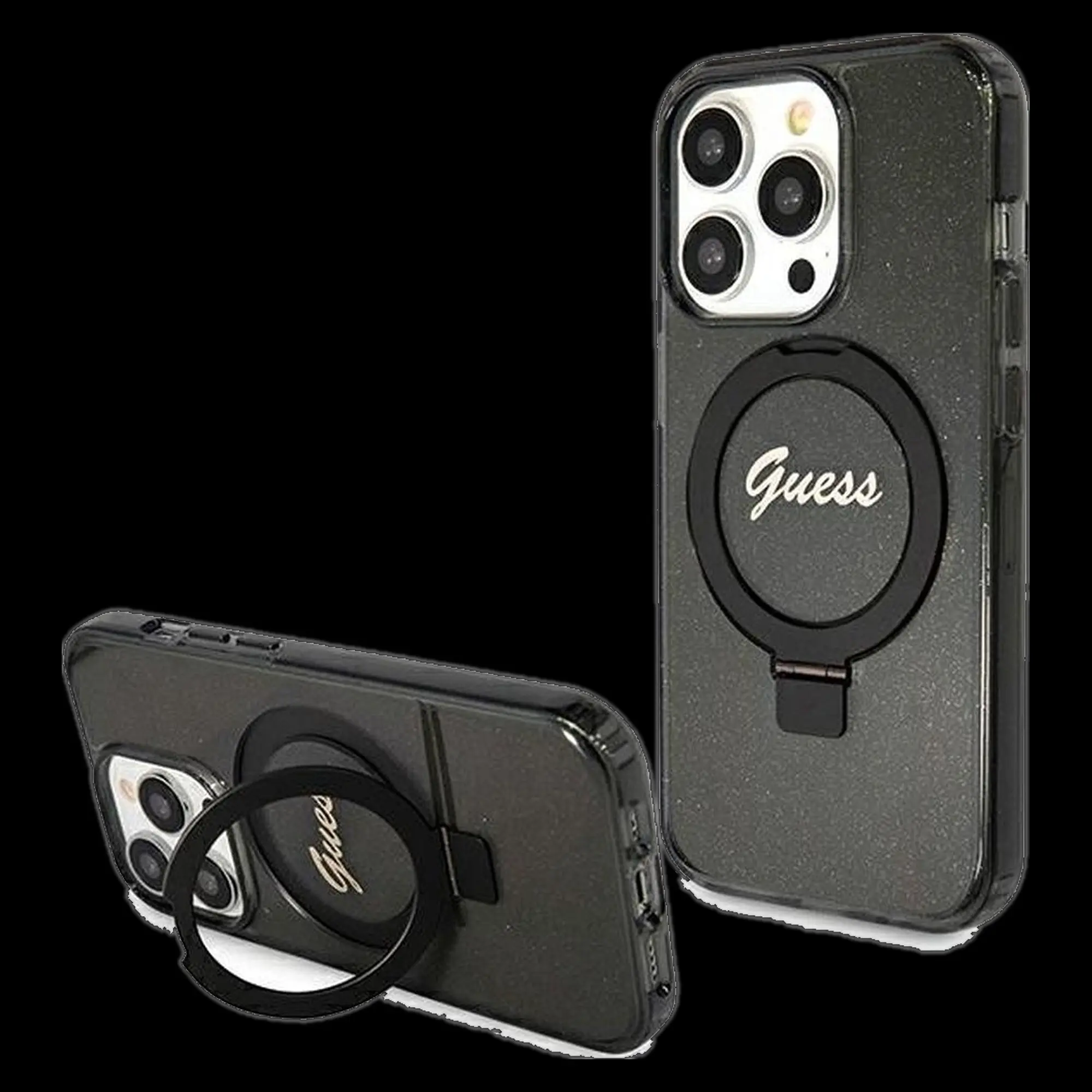 GUESS iPhone 15 Pro Max Schutzhülle – Glitter Script Logo & Ringstand – Schwarz 1 GUESS iPhone 15 Pro Max Schutzhülle – Glitter Script Logo & Ringstand – Schwarz