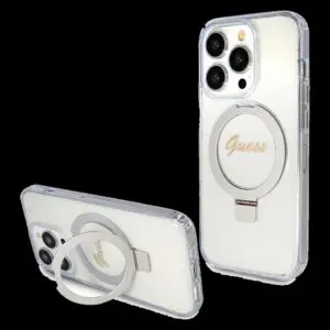 GUESS Schutzhülle für iPhone 15 Pro mit MagSafe & Ringständer (Glitter Script Logo) Transparent
