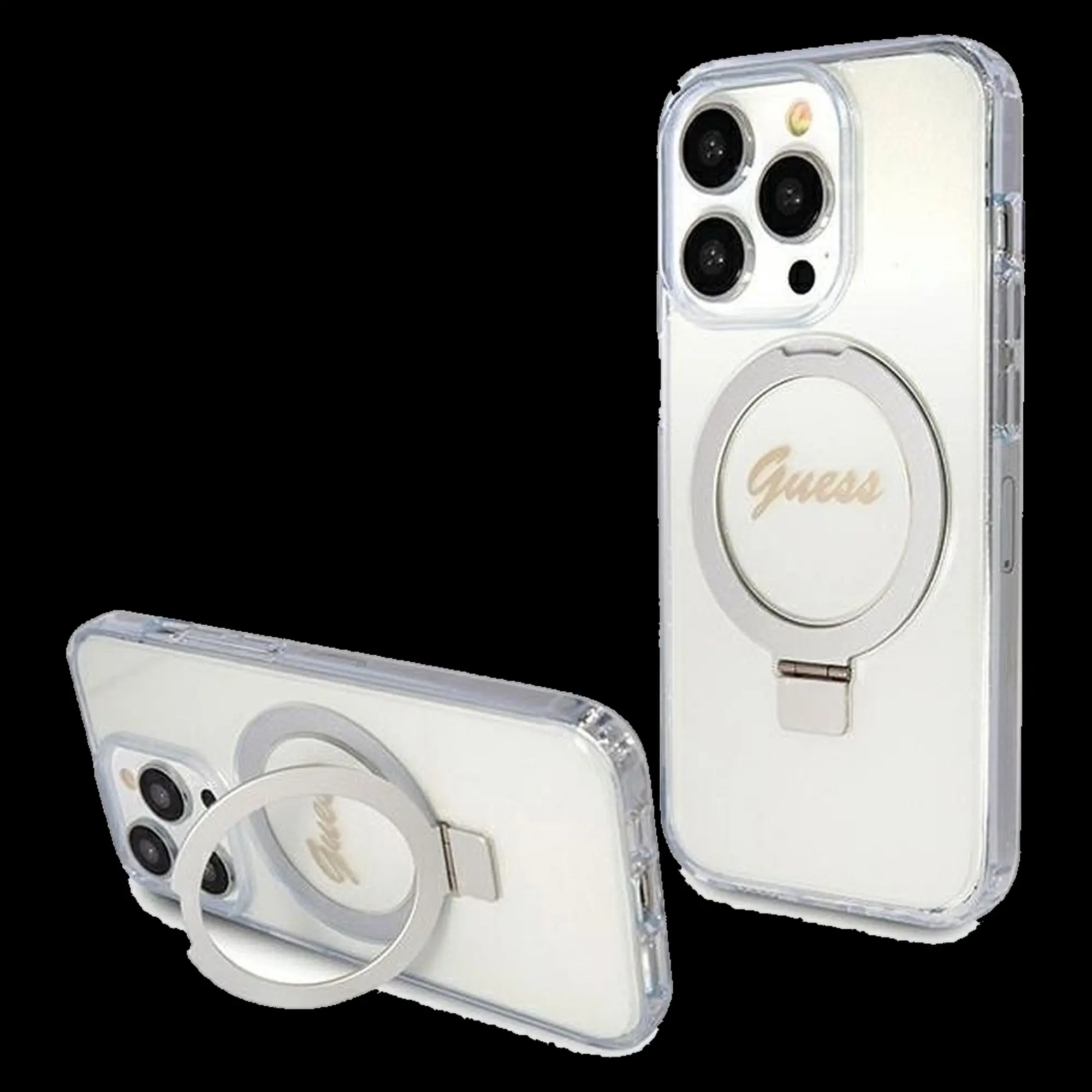 GUESS Schutzhülle für iPhone 15 Pro mit MagSafe & Ringständer (Glitter Script Logo) Transparent 1 GUESS Schutzhülle für iPhone 15 Pro mit MagSafe & Ringständer (Glitter Script Logo) Transparent