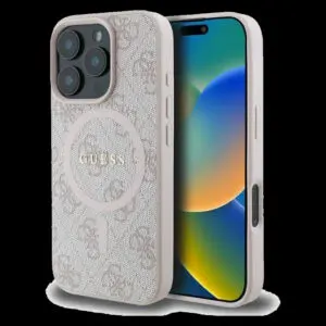 GUESS Schutzhülle für iPhone 16 Pro Max mit MagSafe (PU 4G Ring Classic Logo) - Rosa