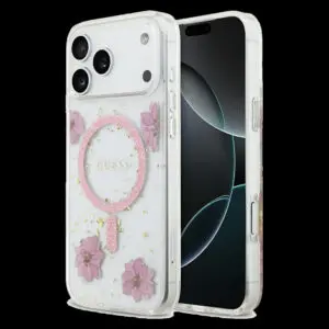 GUESS Schutzhülle für iPhone 17 Pro Max – Resin Flowers & Glitter (MagSafe)
