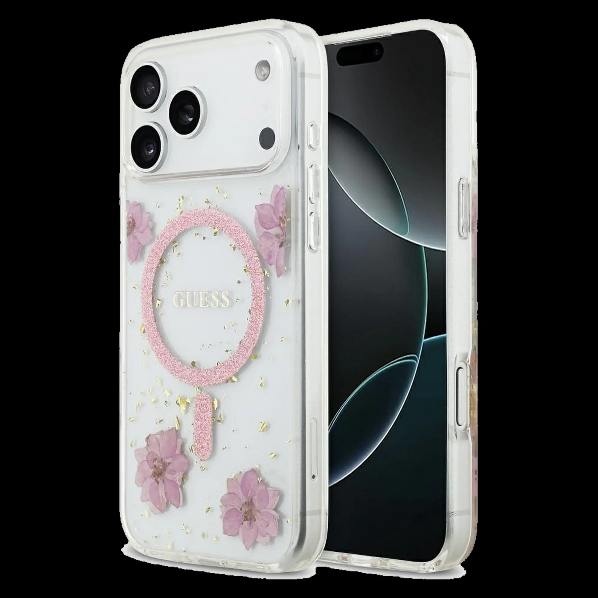 GUESS Schutzhülle für iPhone 17 Pro Max – Resin Flowers & Glitter (MagSafe)