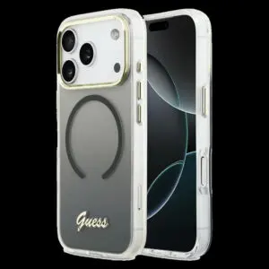 GUESS Schutzhülle für iPhone 17 Pro – MagSafe kompatibel (IML Gradient Script Metal) Schwarz