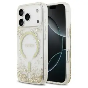 iPhone 17 Pro Hülle Gold – GUESS Resin Bottom Glitter, MagSafe