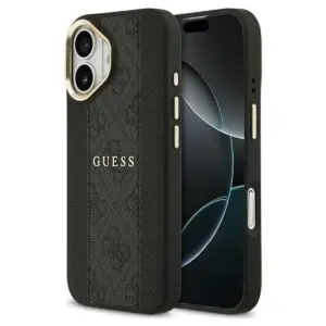 iPhone 17 Hülle Schwarz – GUESS PU 4G Stripe, MagSafe