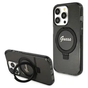 iPhone 15 Pro Max Hülle Schwarz – GUESS Glitter Script Logo, Ringstand