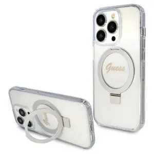 iPhone 15 Pro Hülle Transparent – GUESS Glitter Script Logo, Ringständer, MagSafe