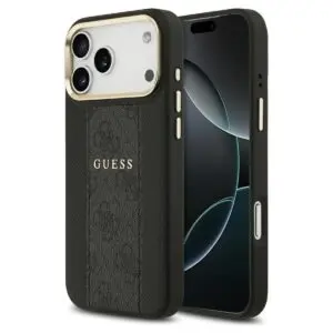 iPhone 17 Pro Max Hülle Schwarz – GUESS PU 4G Stripe, MagSafe