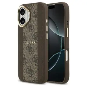 iPhone 17 Hülle Braun – GUESS PU 4G Stripe, MagSafe